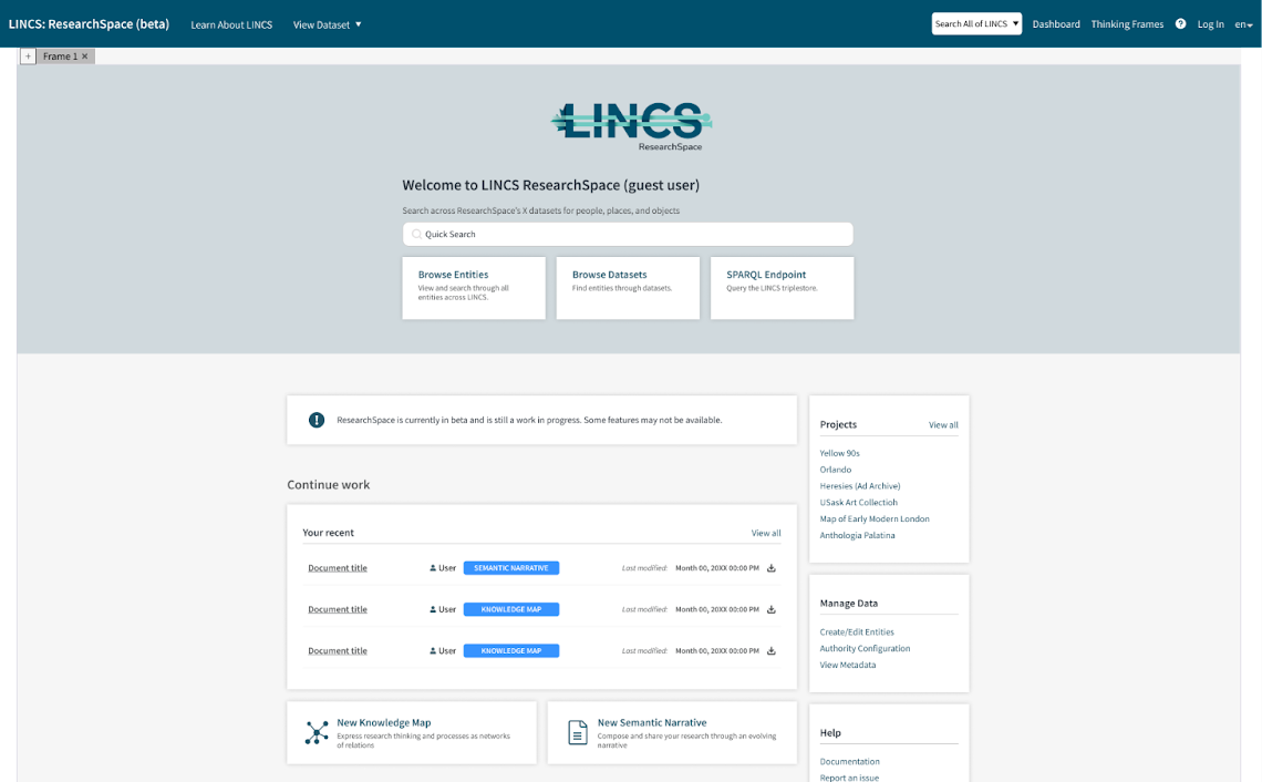 Le site web LINCS ResearchSpace beta, présentant les trois principales fonctionnalités sur la page d'accueil.
